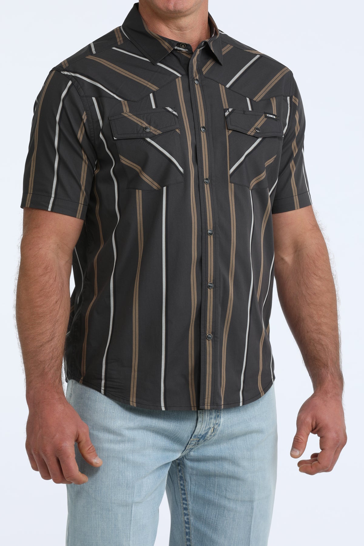 Cinch Men's S/S Camp Shirt in Black Stripe
