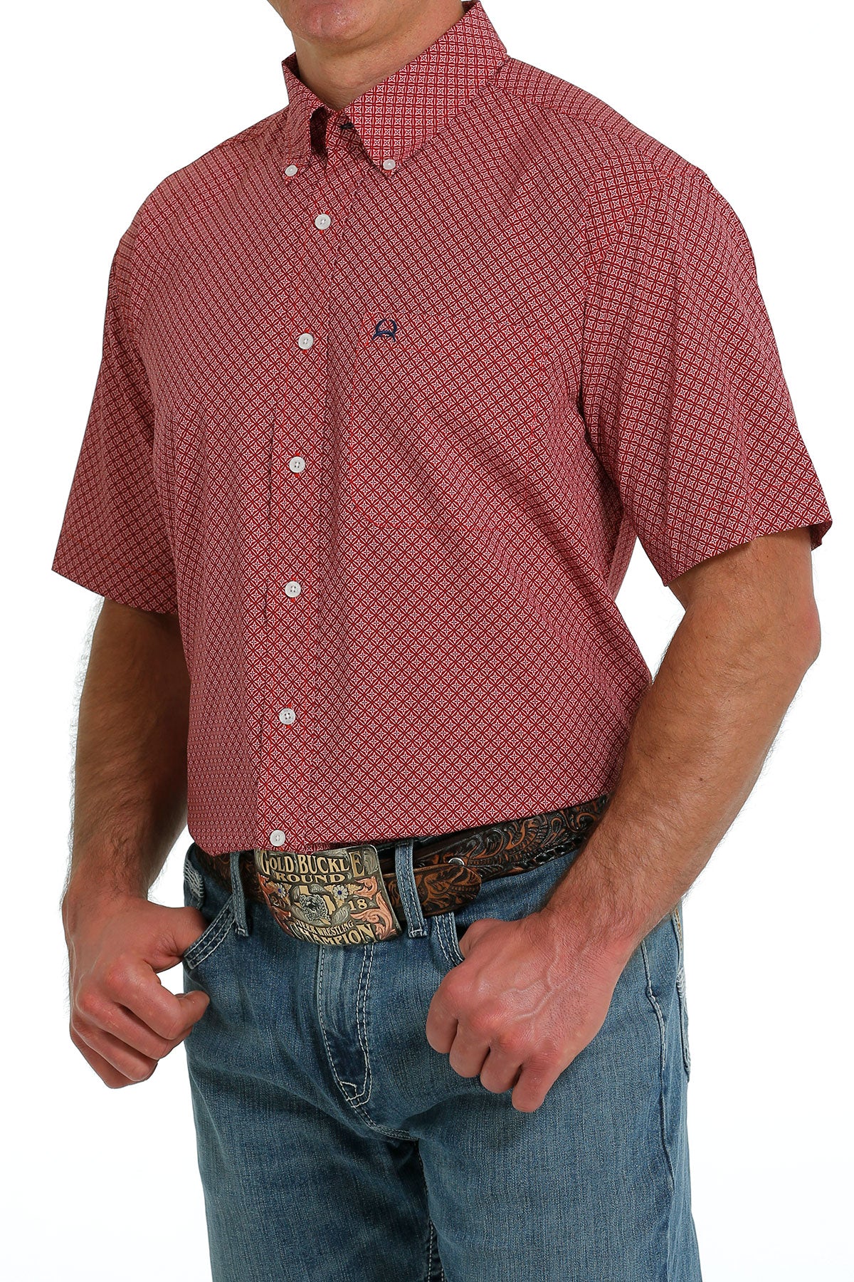 Cinch Men's Classic Fit Arena Flex Red Diamond Print Short Sleeve Western Shirt