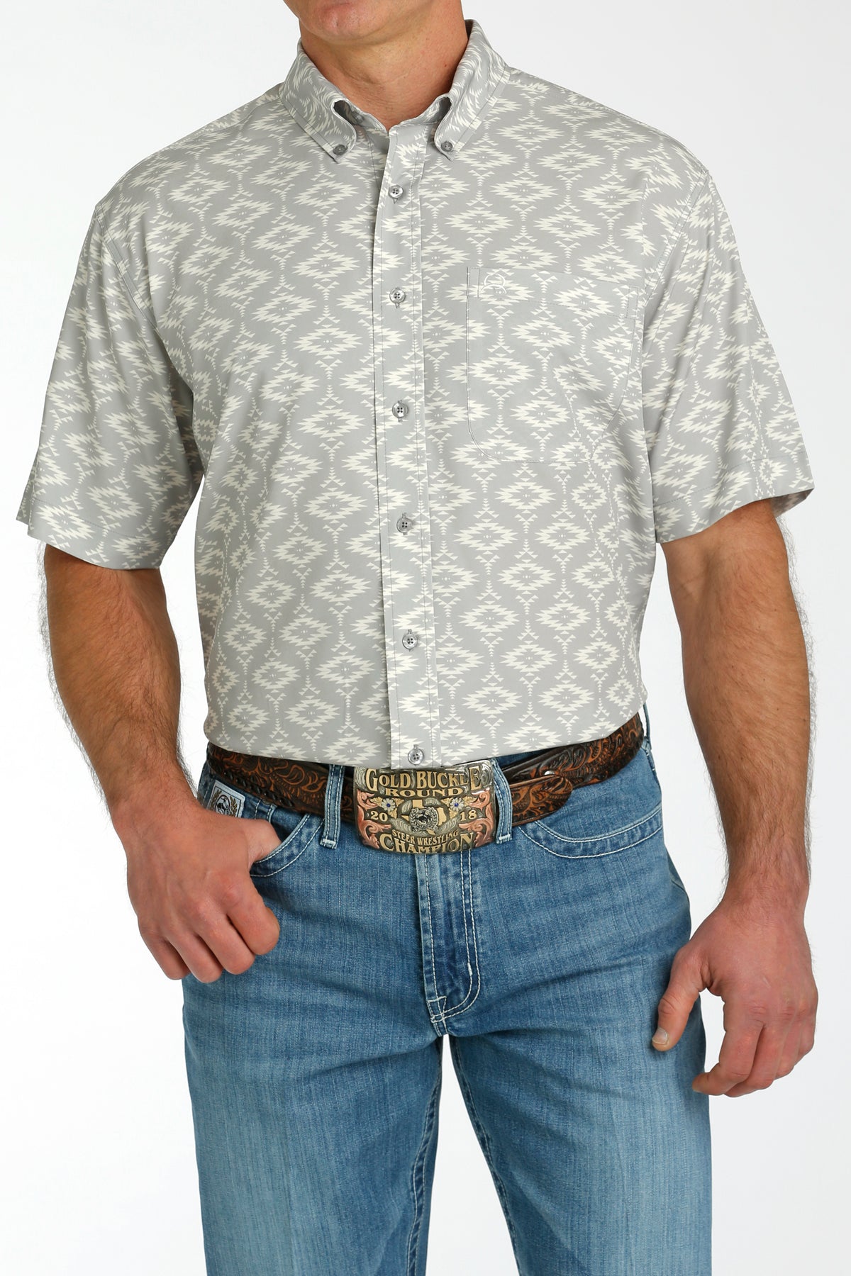 Cinch Men's S/S Arenaflex Southwest Western Button Down Shirt in Grey