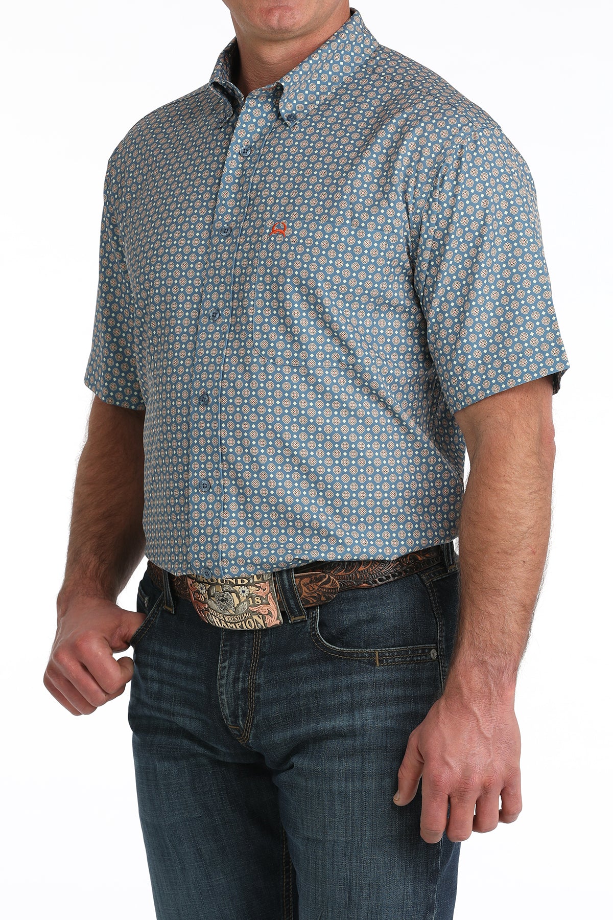 Cinch Men's S/S Arenaflex Western Button Down Shirt in Blue Print