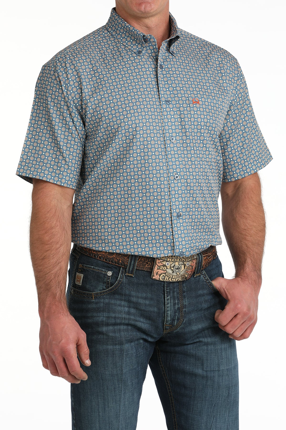 Cinch Men's S/S Arenaflex Western Button Down Shirt in Blue Print