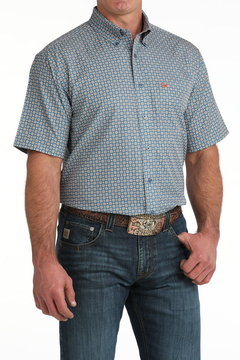 Cinch Men's S/S Arenaflex Western Button Down Shirt in Blue Print
