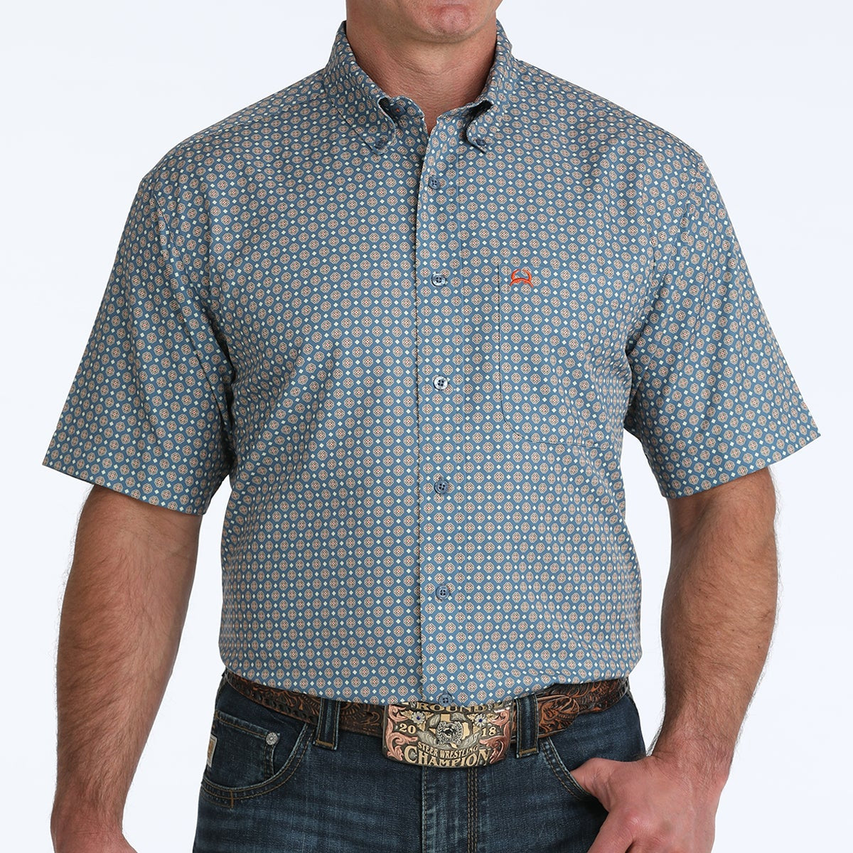 Cinch Men's S/S Arenaflex Western Button Down Shirt in Blue Print