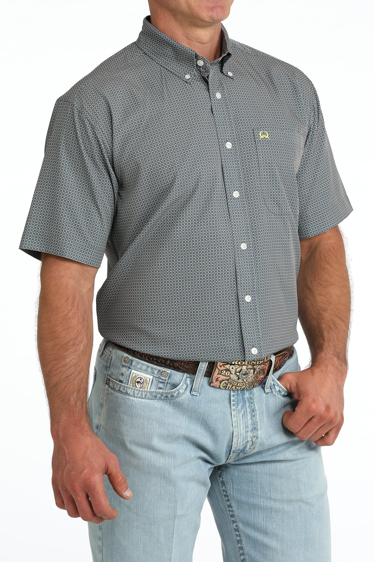 Cinch Men's S/S Arenaflex Print Western Button Down Shirt in Grey/Green