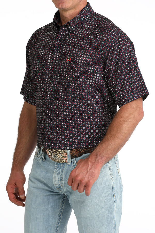 Cinch Men's S/S Arenaflex Print Western Button Down Shirt in Navy/Red