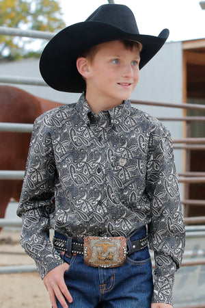 Cinch Youth Boy's L/S Classic Fit Blue & Black Paisley Western Button Down Shirt