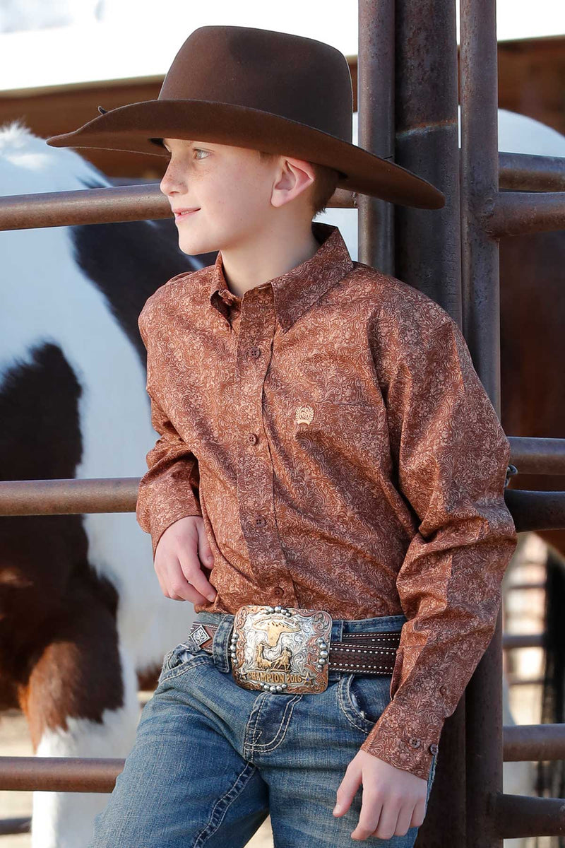 Cinch Youth Boy's L/S Tonal Paisley Western Button Down Shirt in Brown