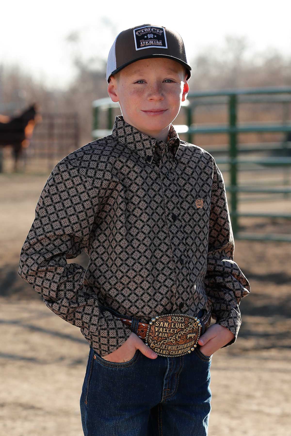 Cinch Youth Boy's L/S Medallion Western Button Down Shirt in Black