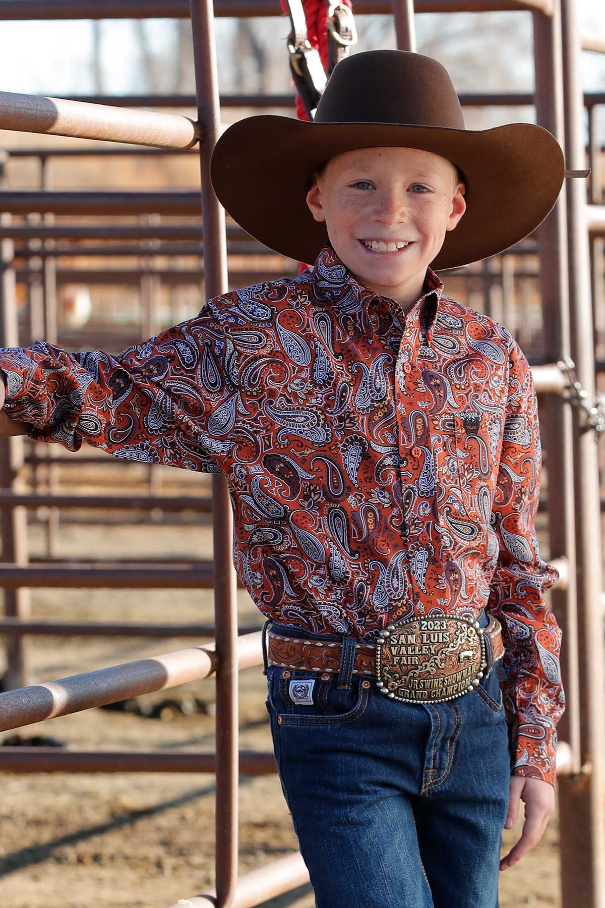 Cinch Youth Boy's L/S Paisley Western Button Down Shirt in Orange