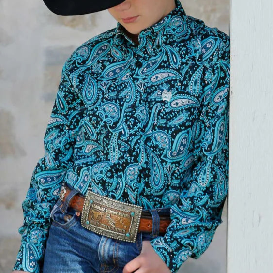 Cinch Youth Boy's L/S Paisley Western Button Down Shirt in Black