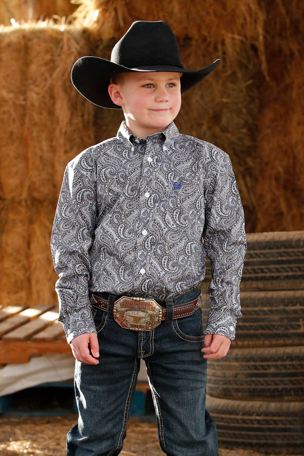 Cinch Youth Boy's L/S Paisley Print Button Down Western Shirt in Grey