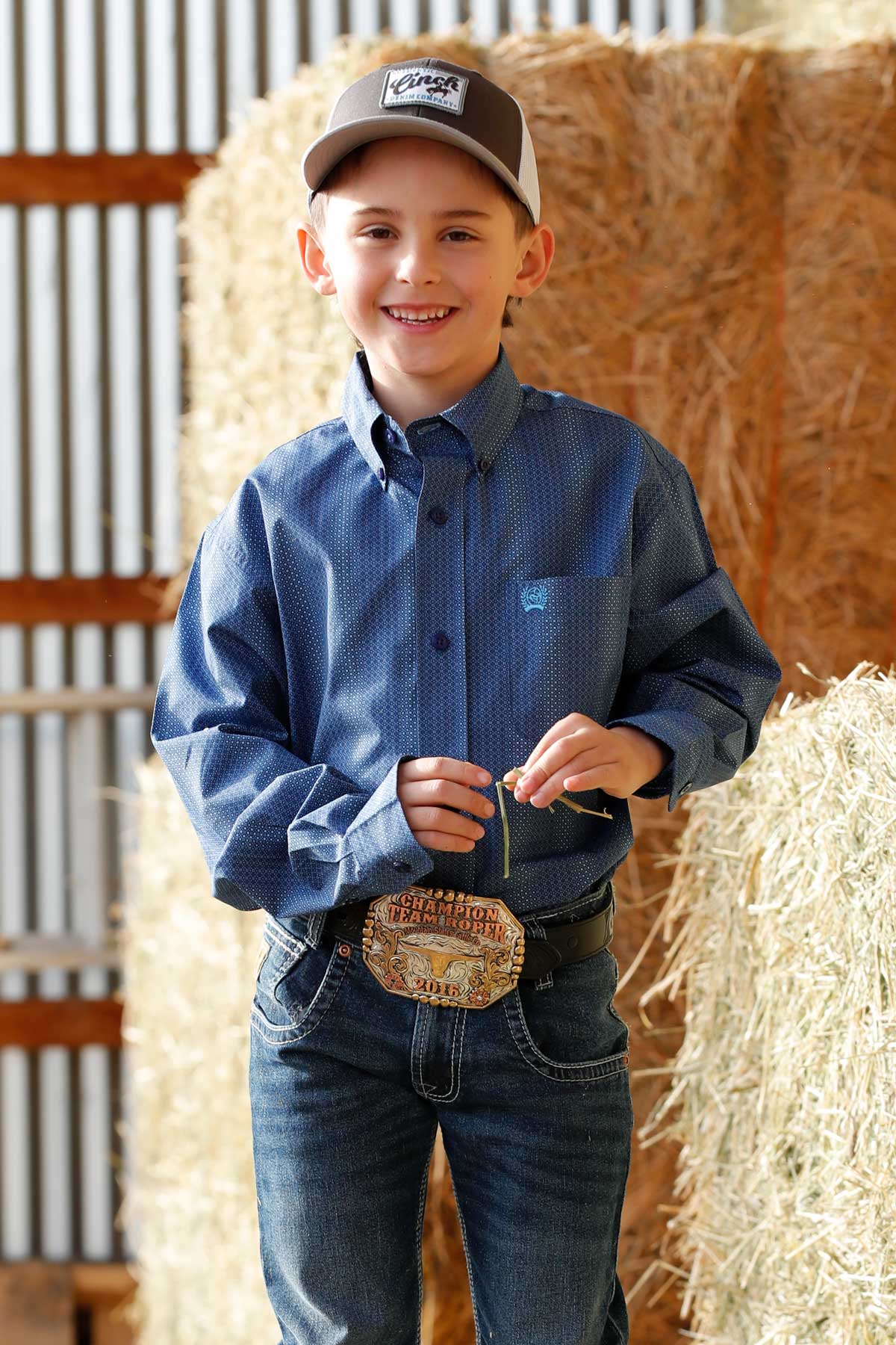 Cinch Youth Boy's L/S Dot Striped Button Down Western Shirt in Royal Blue