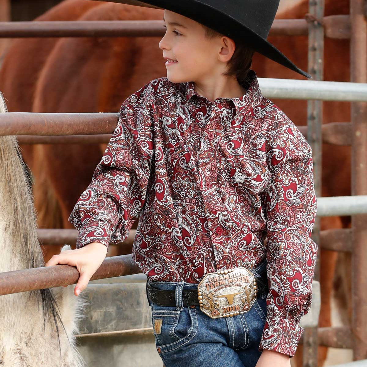 Cinch Youth Boy's L/S Paisley Print Button Down Western Shirt in Burgundy