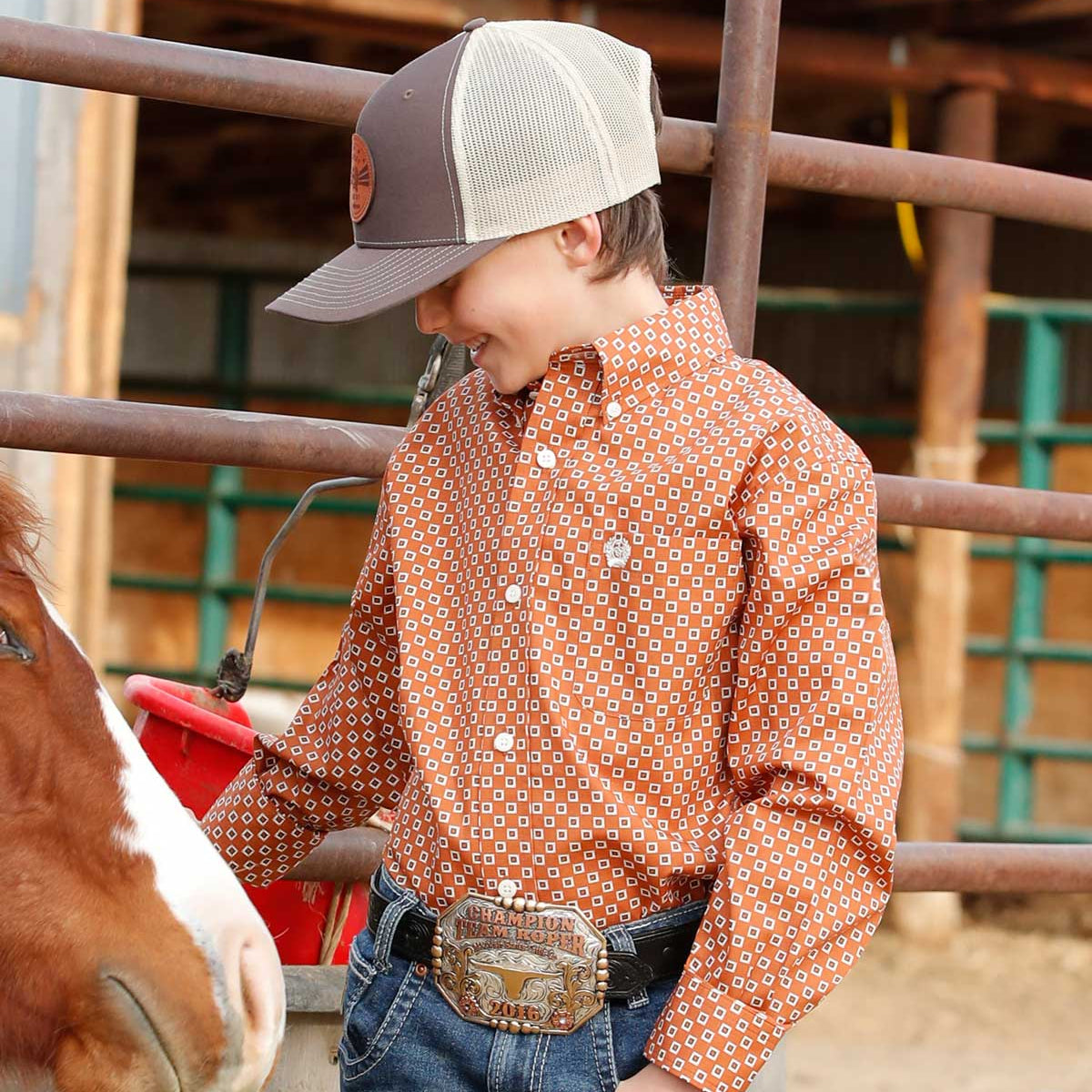 Cinch Youth Boy's L/S Geometric Print Button Down Western Shirt in Brown