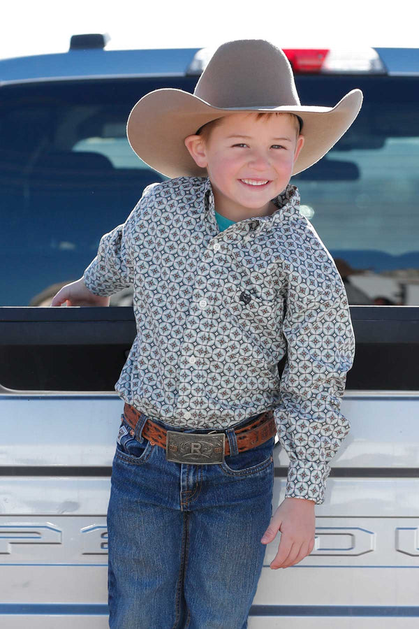 Cinch Youth Boy's L/S Medallion Print Button Down Western Shirt in Cream