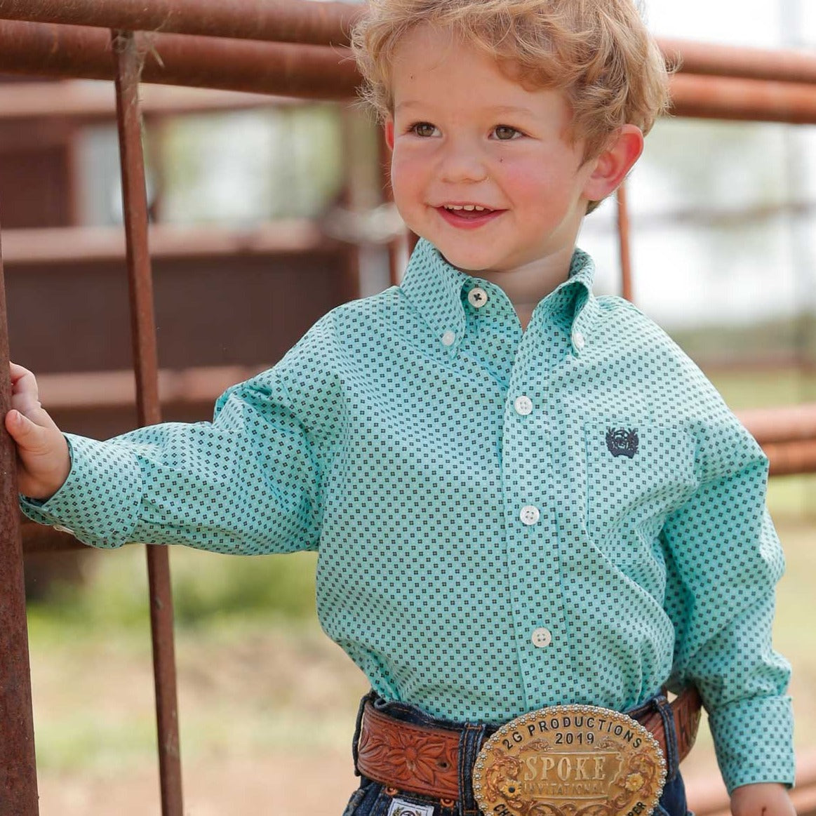 Cinch Baby & Toddler Boy's L/S Classic Fit Geometric X Western Button Down Shirt in Turquoise