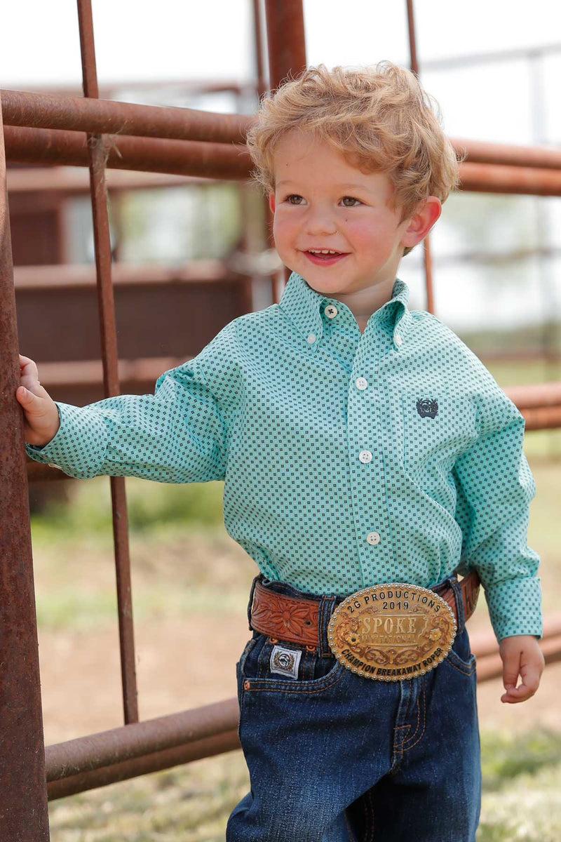 Cinch Baby & Toddler Boy's L/S Classic Fit Geometric X Western Button Down Shirt in Turquoise