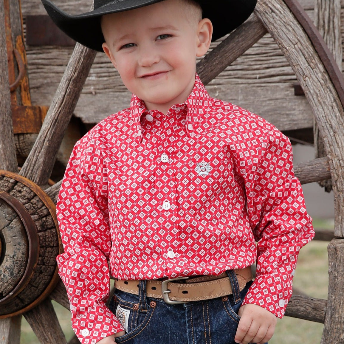 Cinch Infant and Toddler Red Geometric Button Down Shirt