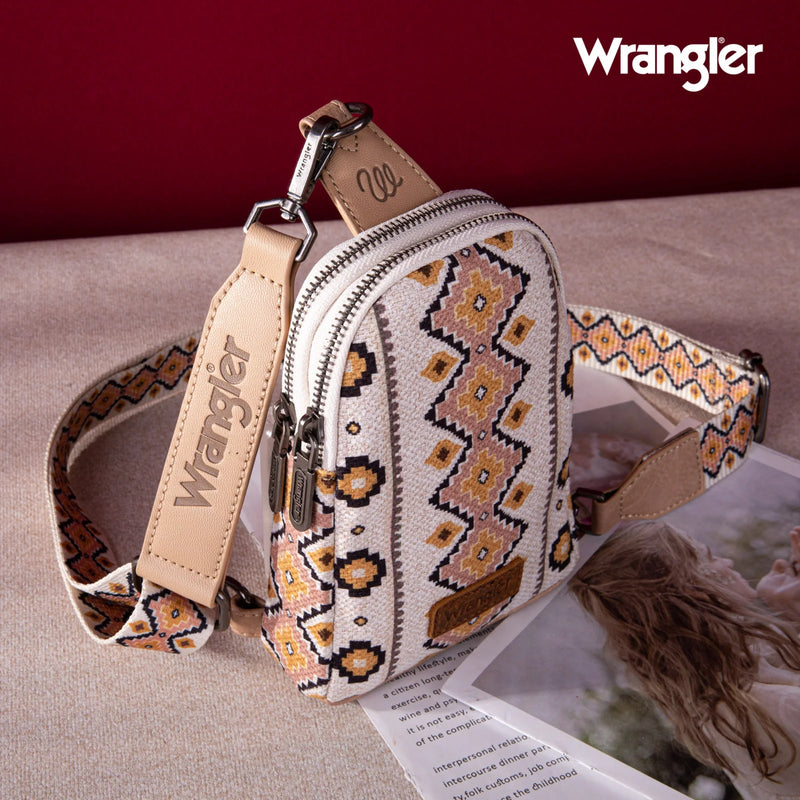 Wrangler Aztec Print Crossbody Sling Chest Bag in Tan