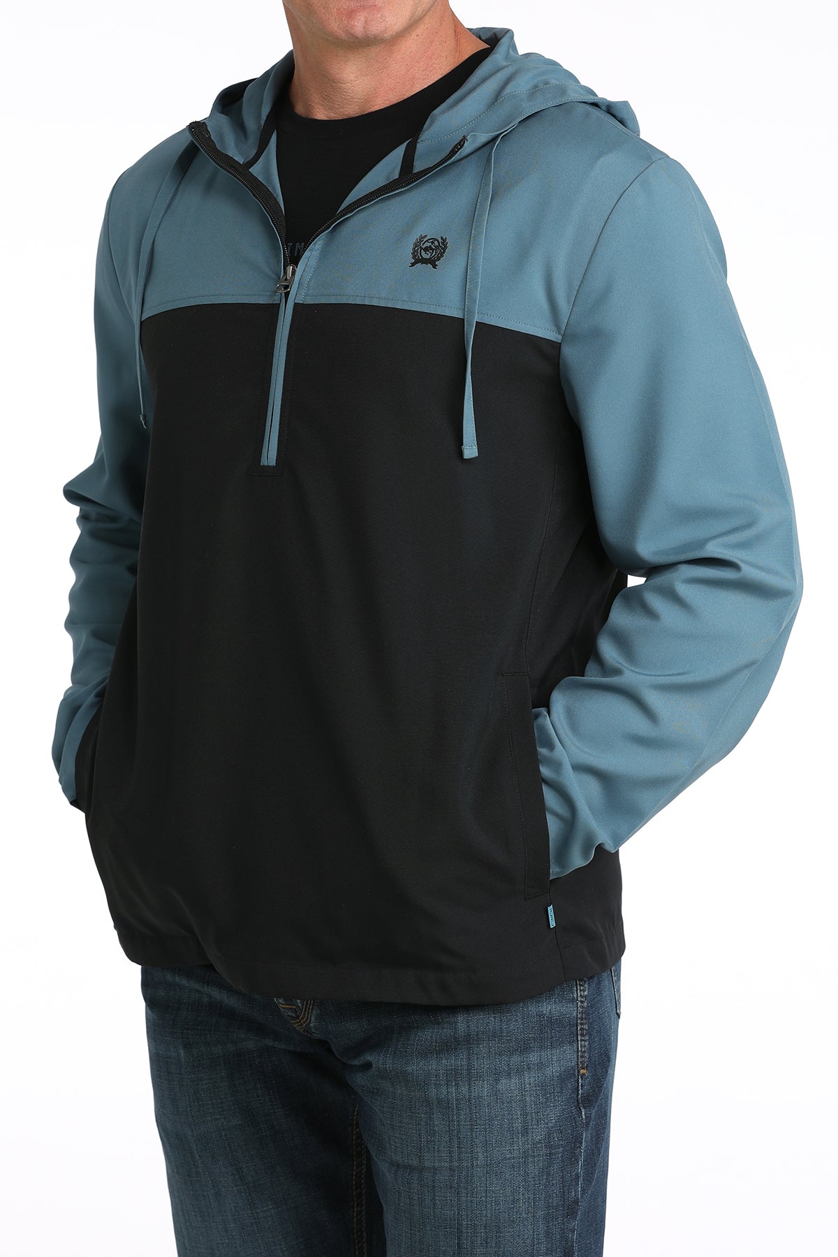 Cinch Men's Hooded Half Zip Windbreaker in Blue/Black