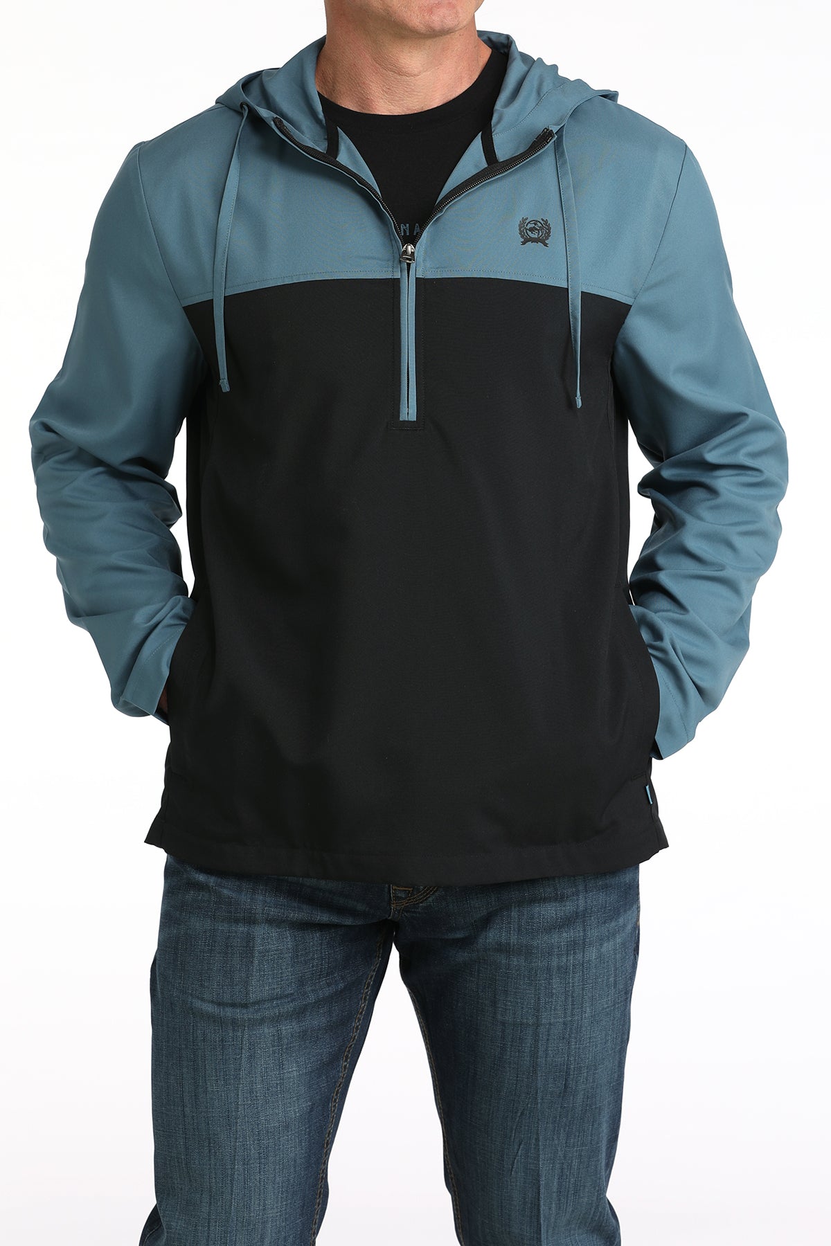 Cinch Men's Hooded Half Zip Windbreaker in Blue/Black