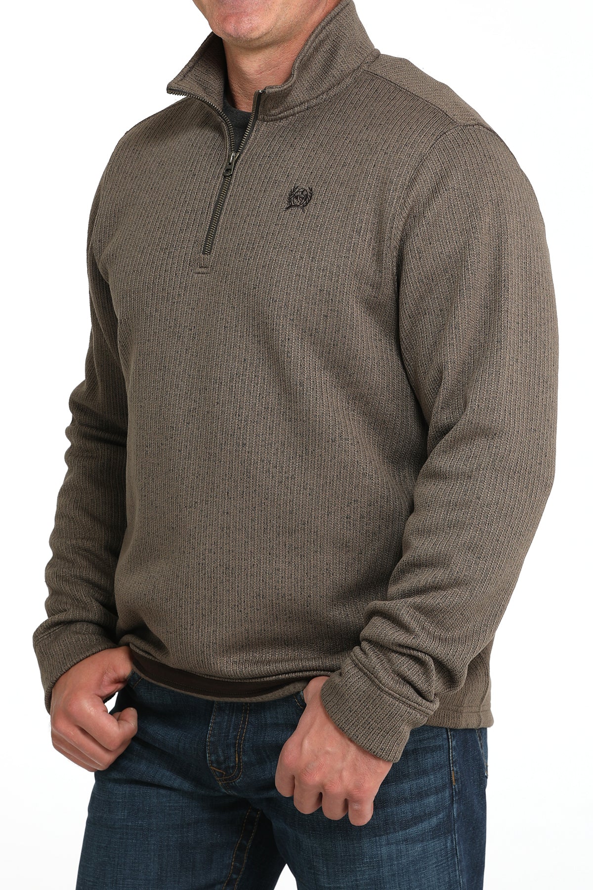 Cinch Men's Logo Quarter Zip Knit Pullover Sweater in Brown