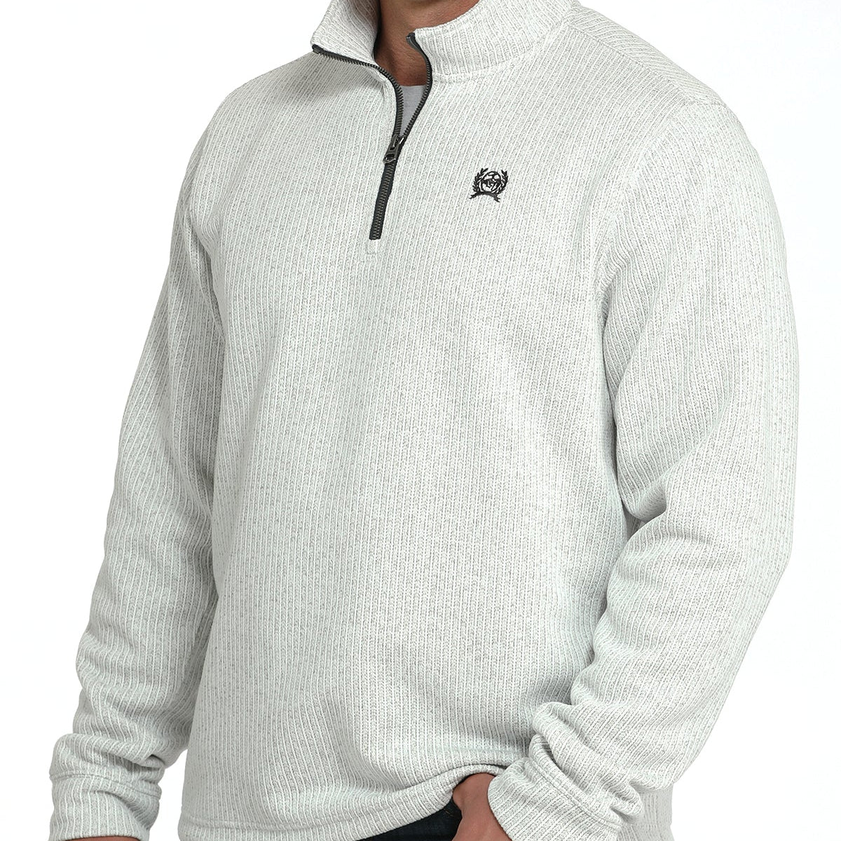 Cinch Men's Logo Quarter Zip Knit Pullover Sweater in Light Grey
