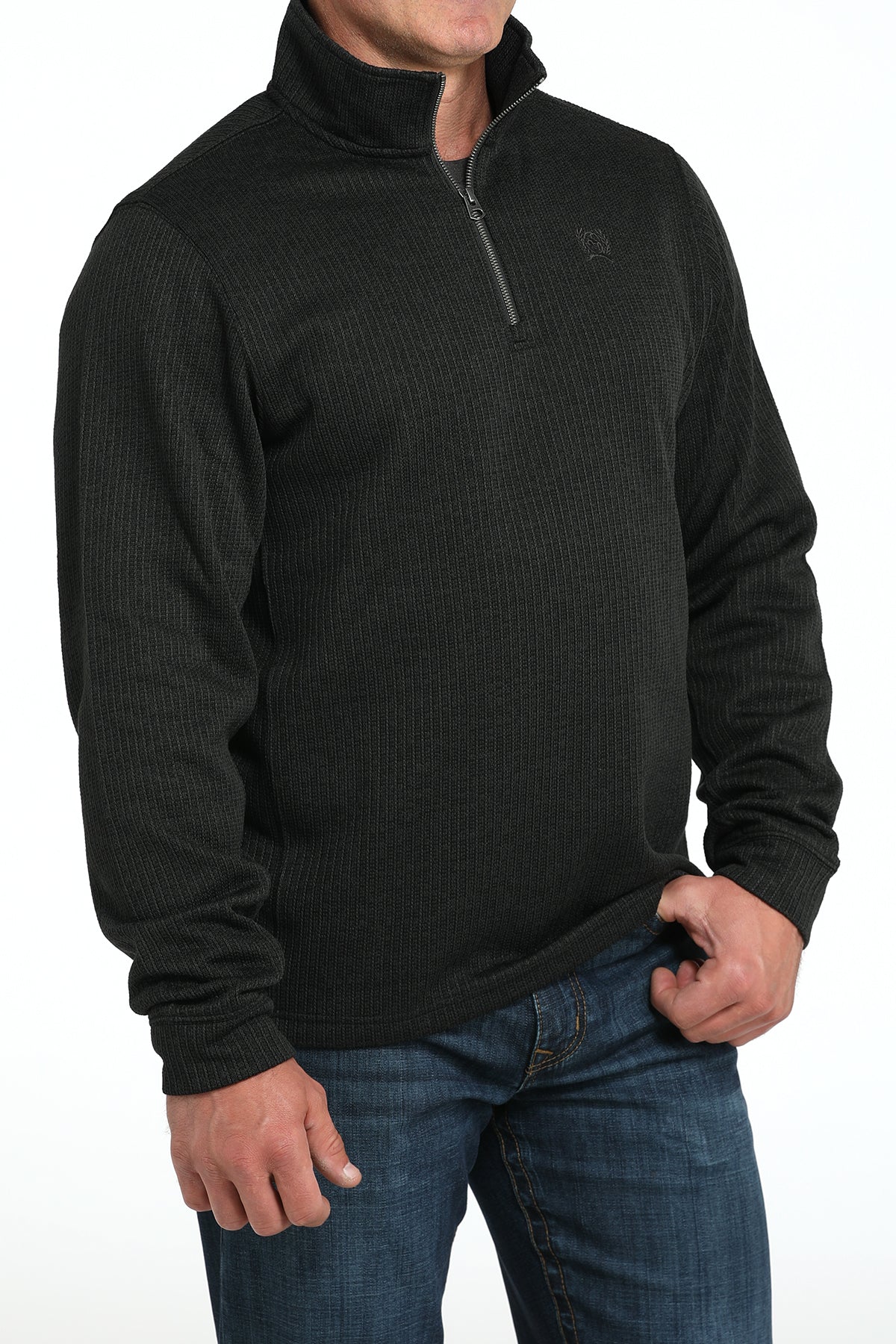 Cinch Men's Logo Quarter Zip Knit Pullover Sweater in Black