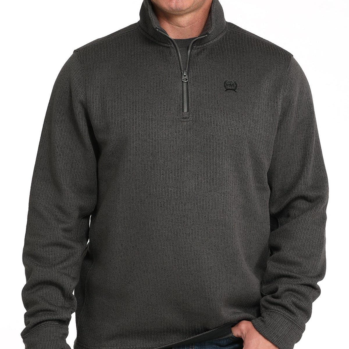 Cinch Men's Logo Quarter Zip Knit Pullover Sweater in Charcoal