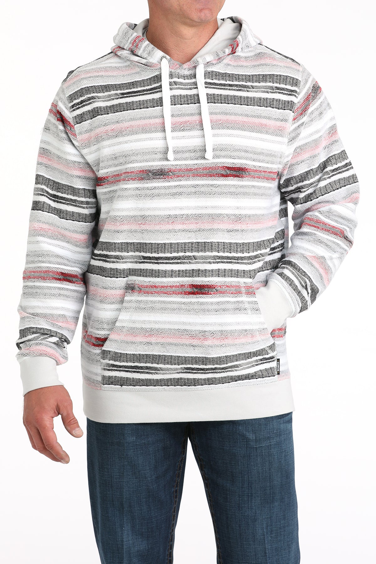 Cinch Men's Striped Lightweight Pullover Hoodie in Red and White