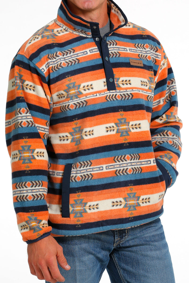Cinch Men's Quarter Snap Orange and Blue Aztec Fleece Pullover