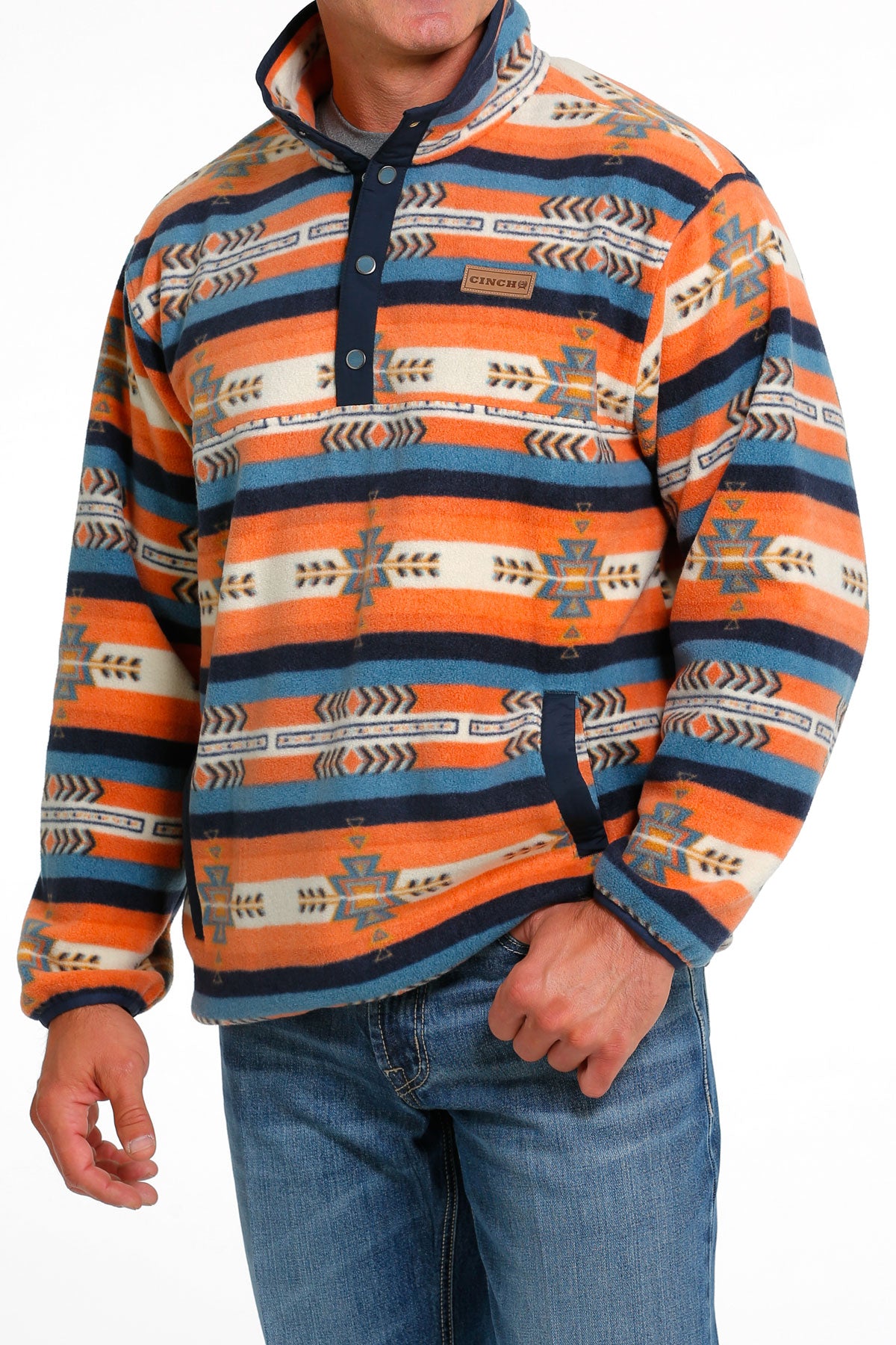 Cinch Men s Quarter Snap Orange and Blue Aztec Fleece Pullover