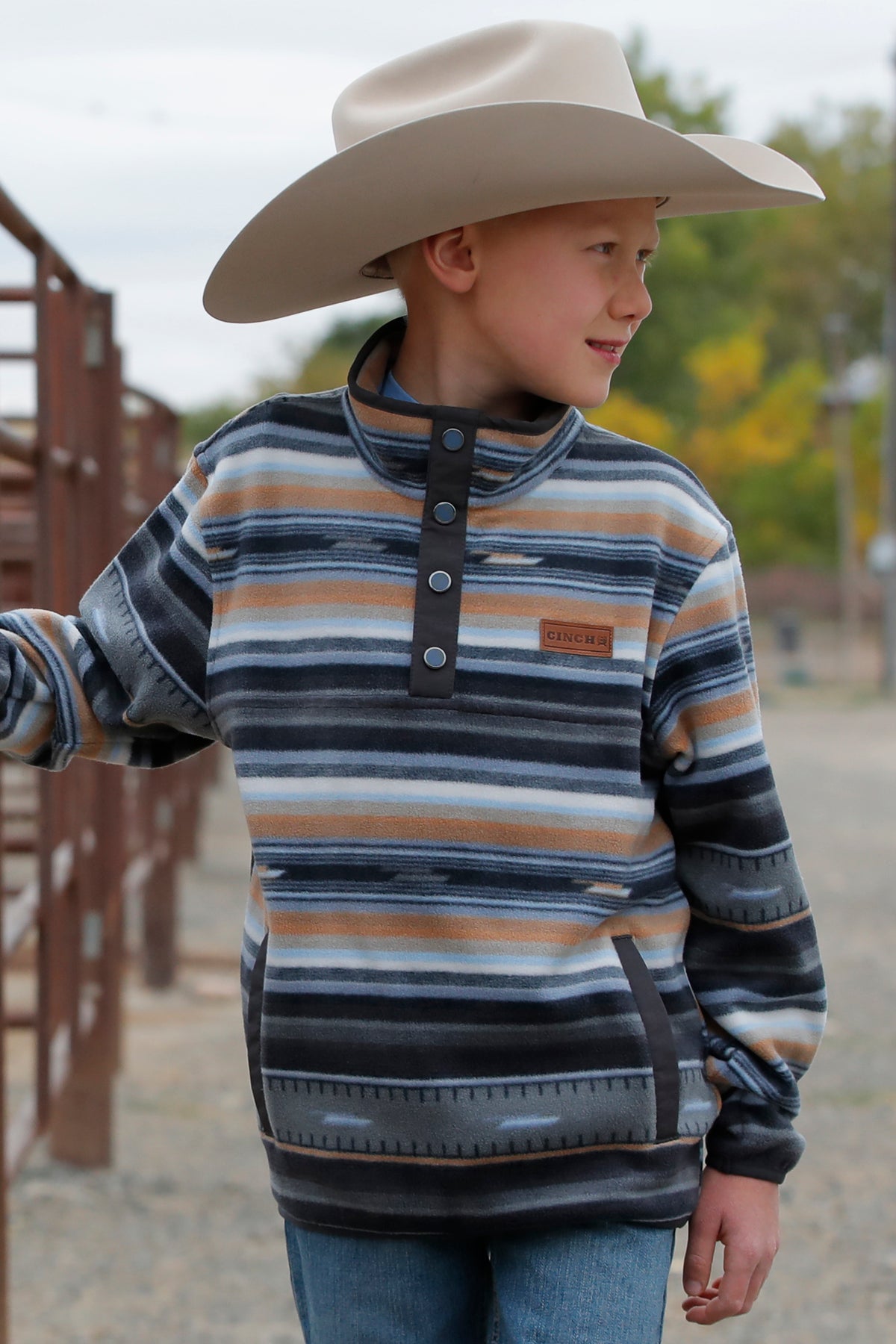 Cinch Youth Boy's Serape Stripe Quarter Snap Fleece Pullover in Black