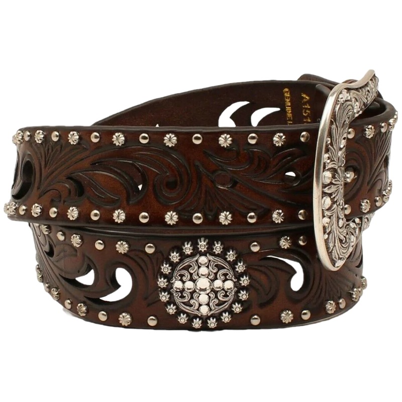 Ariat Women's Crystal Conchos & Studs Brown Leather Belt