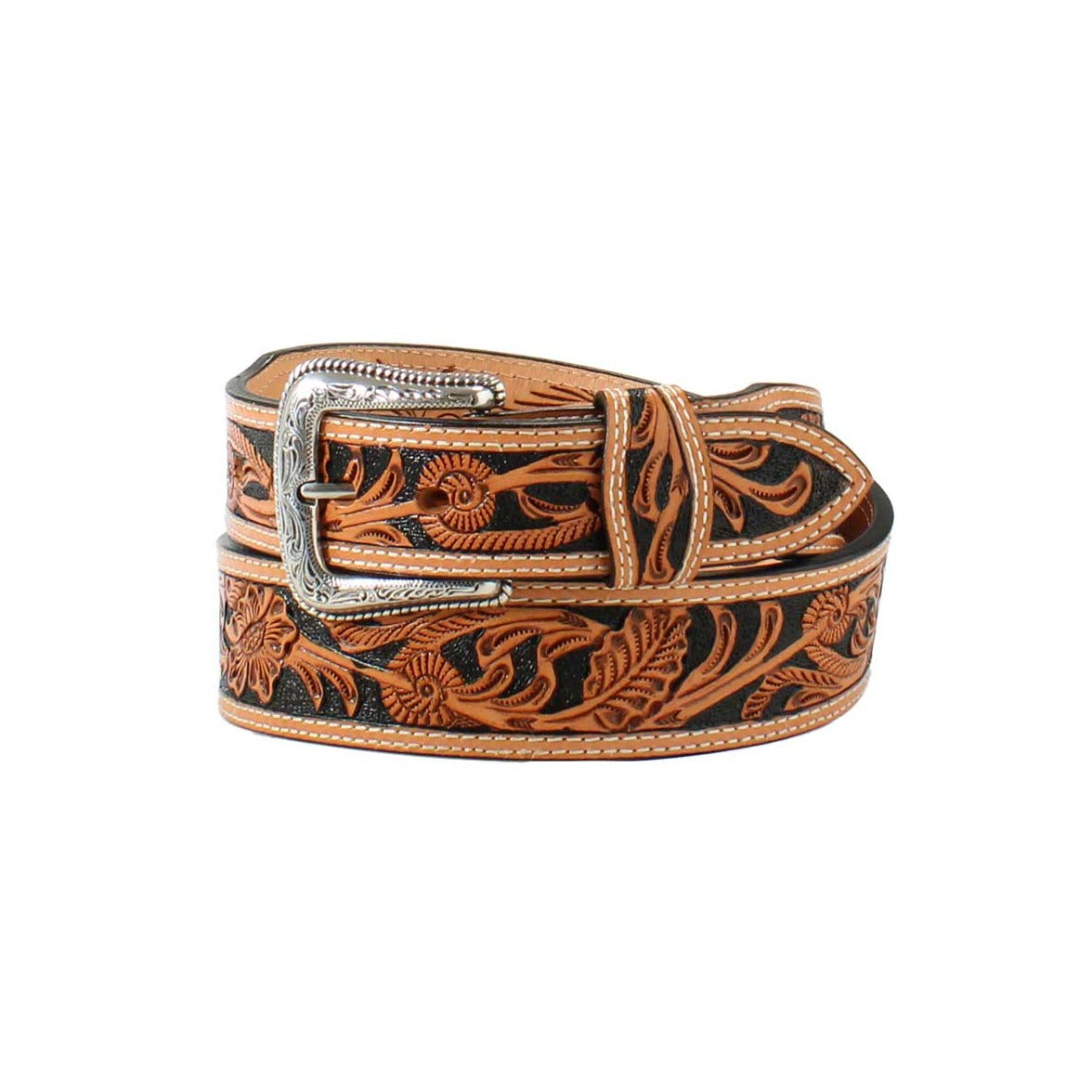Nocona Men's Tan Floral Hand Tooled with Black Inlay Western Belt