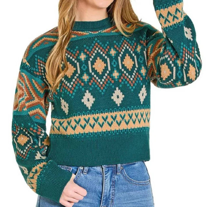 Rock & Roll Denim by Panhandle Slim Women's All Over Aztec Sweater in Teal