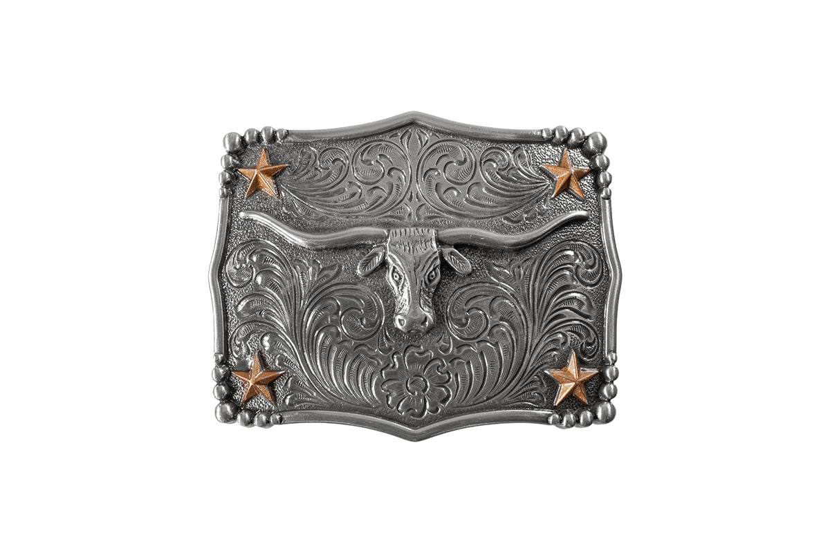 Nocona Silver Longhorn Skull Scalloped Rectangle Belt Buckle