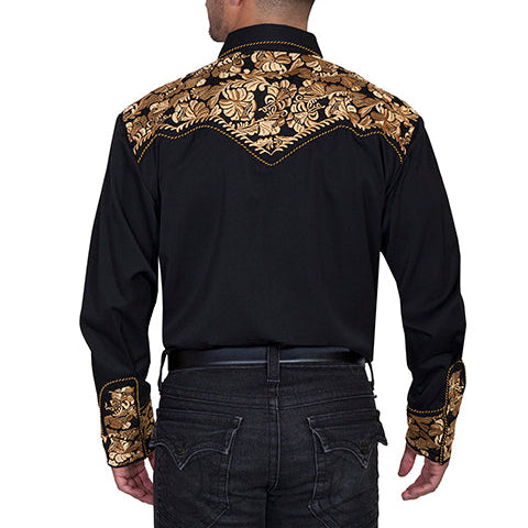 Scully Men's Floral Embroidered Western Snap Shirt in Black and Gold