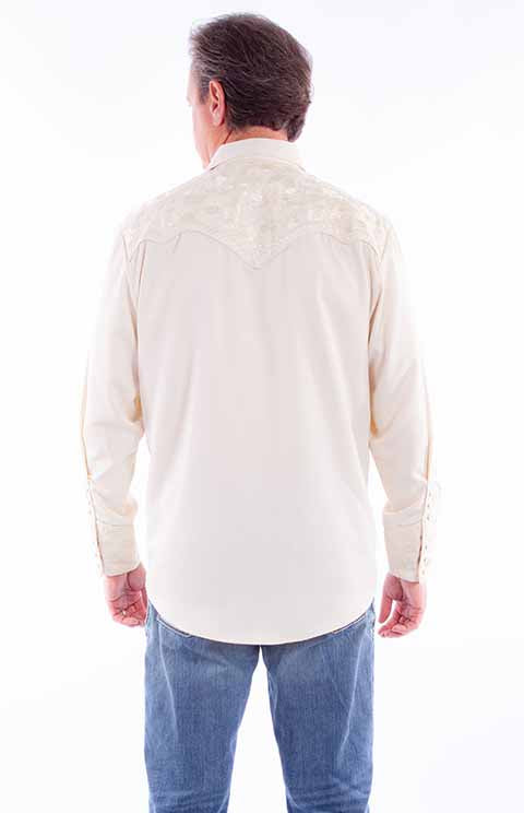 Scully Men's Floral Tooled Embroidered Western Snap Shirt in Ivory