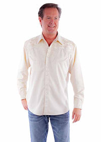 Scully Men's Floral Tooled Embroidered Western Snap Shirt in Ivory