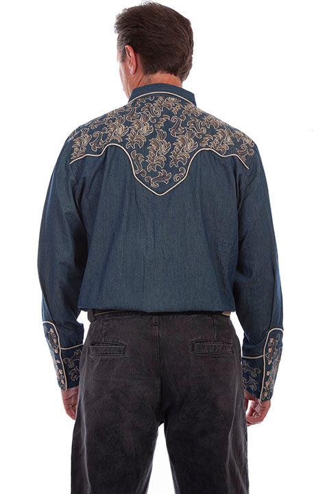 Scully Men's Floral Embroidered Western Snap Shirt in Dark Denim Blue