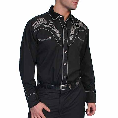 Scully Men's Embroidered Boot Stitch Western Snap Shirt in Black