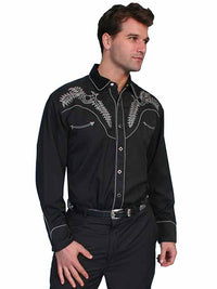 Scully Men's Embroidered Boot Stitch Western Snap Shirt in Black