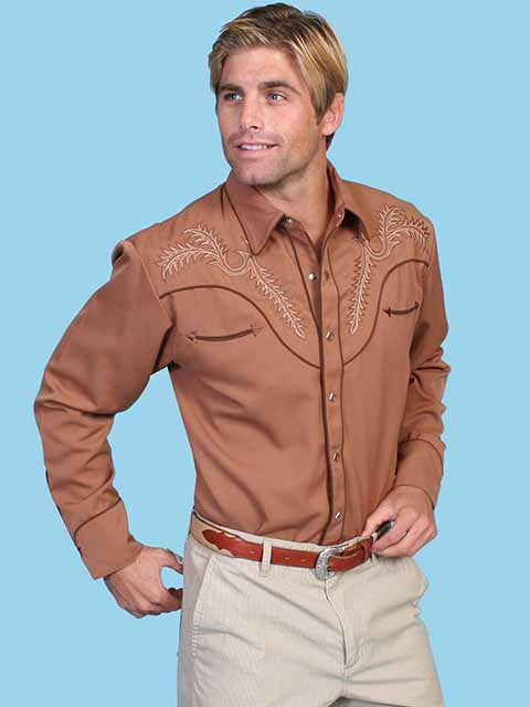 Scully Men's Embroidered Boot Stitch Western Snap Shirt in Brown