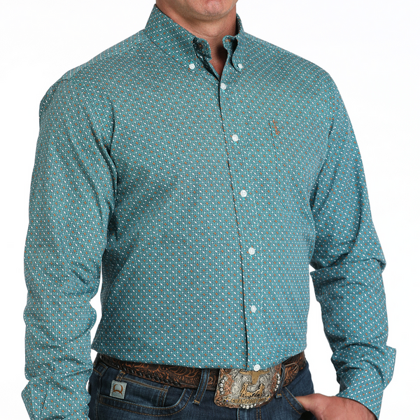 Cinch Men's L/S Modern Fit Geometric Print Western Button Down Shirt in Turquoise