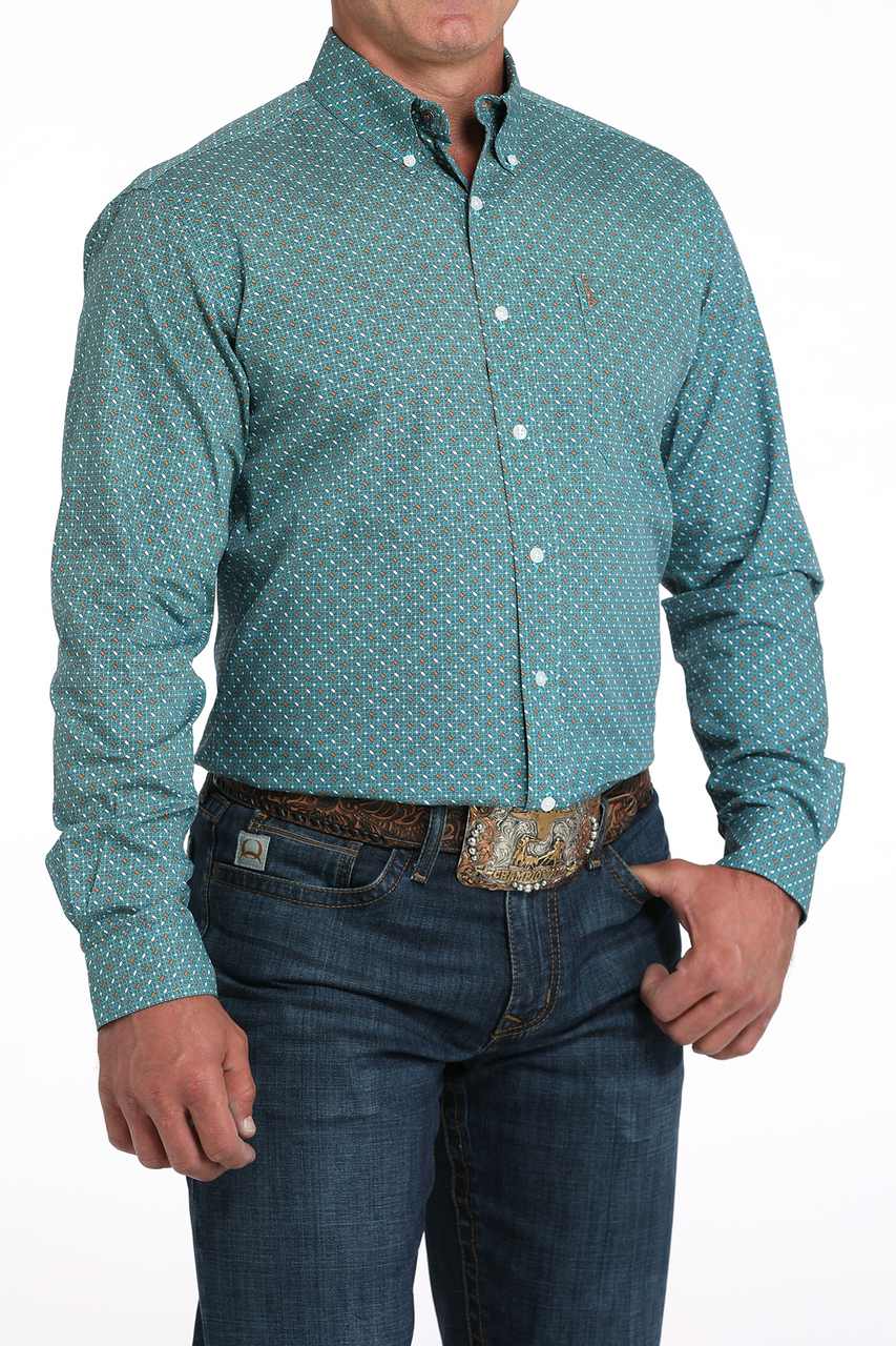 Cinch Men's L/S Modern Fit Geometric Print Western Button Down Shirt in Turquoise