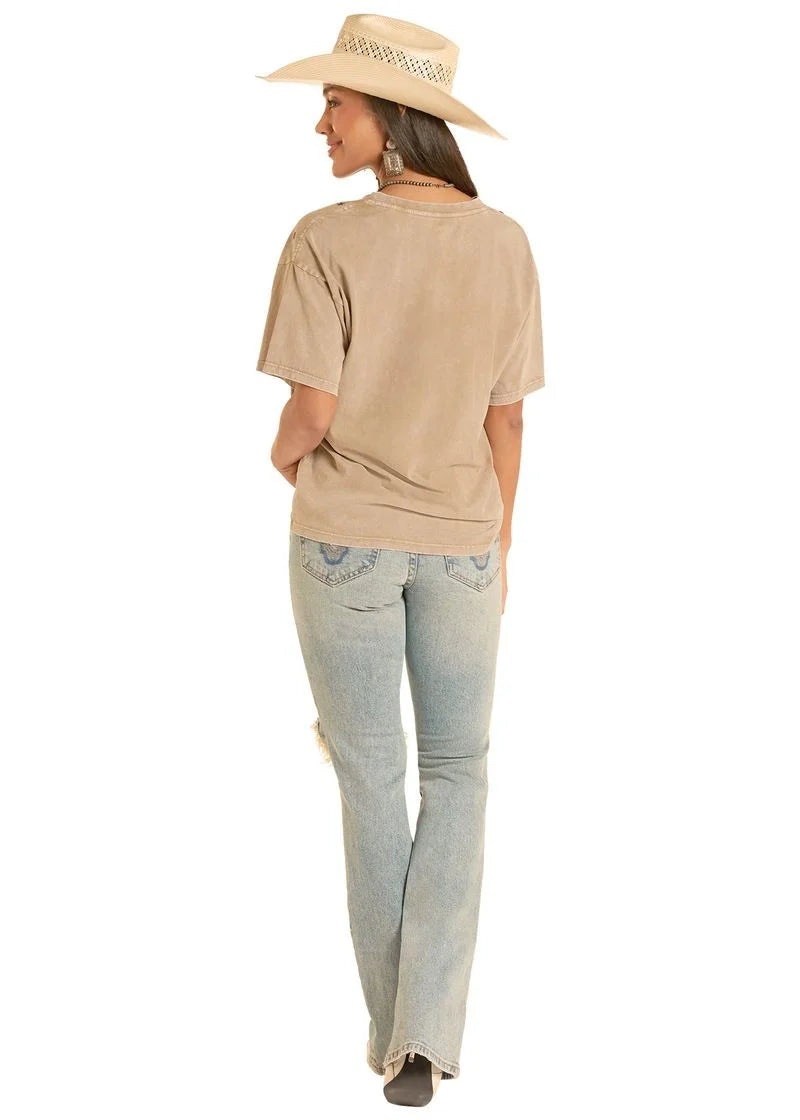 Women's Rock & Roll Denim V-Neck Graphic Tee in Olive