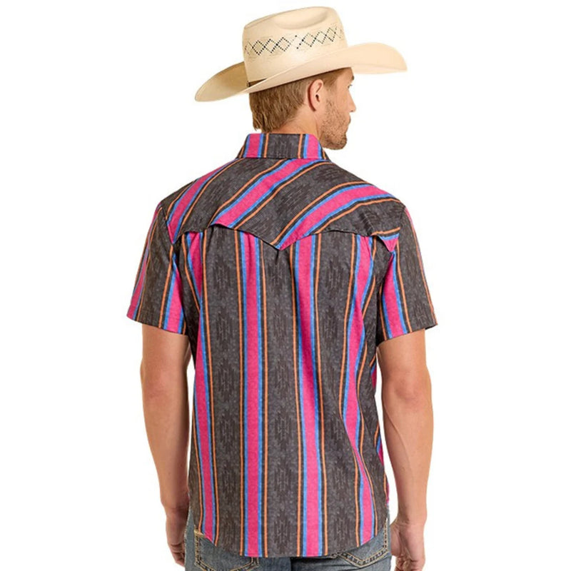 Rock & Roll Denim Men's S/S TEK Western Stretch Snap Shirt in Black Stripes