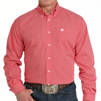 Cinch Men's L/S Classic Fit Geometric Floral Button Down Western Shirt in Red