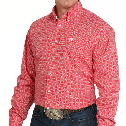 Cinch Men's L/S Classic Fit Geometric Floral Button Down Western Shirt in Red